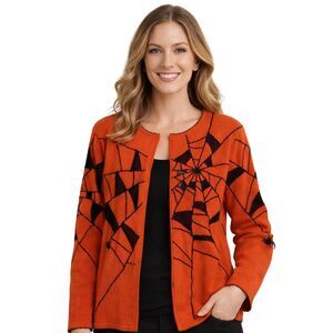 Quacker Factory Halloween Beaded Spiderweb Cardigan Womens Sz L Orange Black NEW
